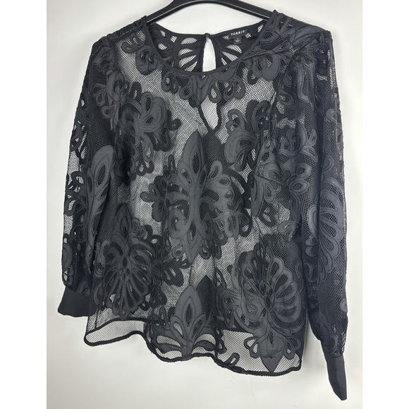 Torrid Mesh With Embroidery Long Sleeve Blouse Sheer Top Keyhole Plus Size 1 1X - Picture 7 of 12